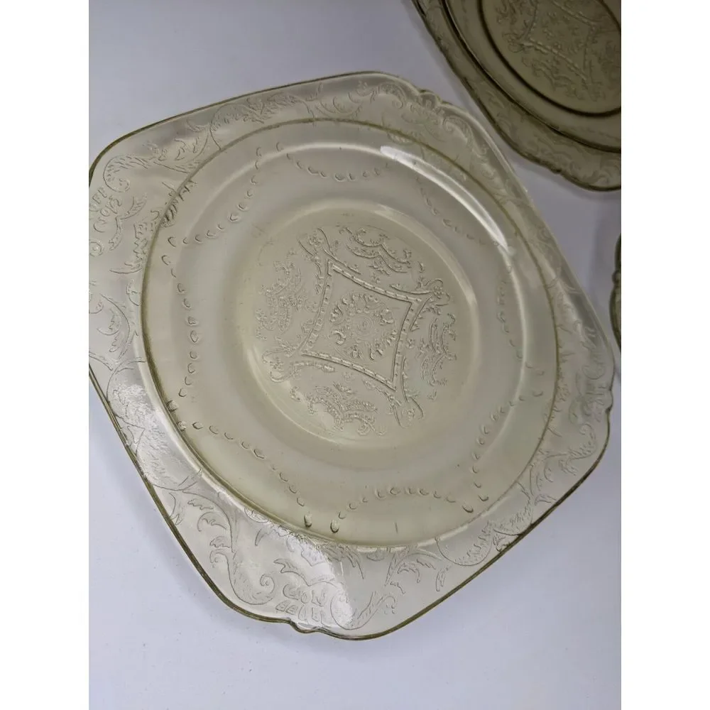 Set Of 3 Vintage Federal Glass Madrid Amber Square Plate‎ Yellow